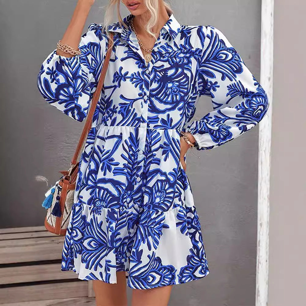 Damen lässiges Hemdkleid mit voluminösen Ärmeln und durchgehendem Knopfverschluss EB