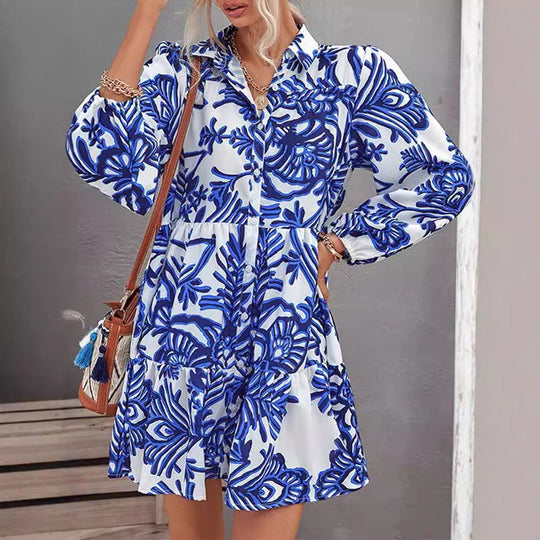 Damen lässiges Hemdkleid mit voluminösen Ärmeln und durchgehendem Knopfverschluss EB