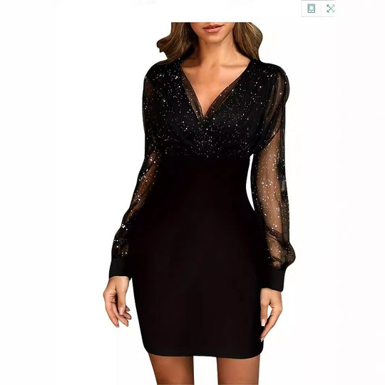 Damen Glitzerndes Cocktailkleid mit transparenten Ärmeln EB