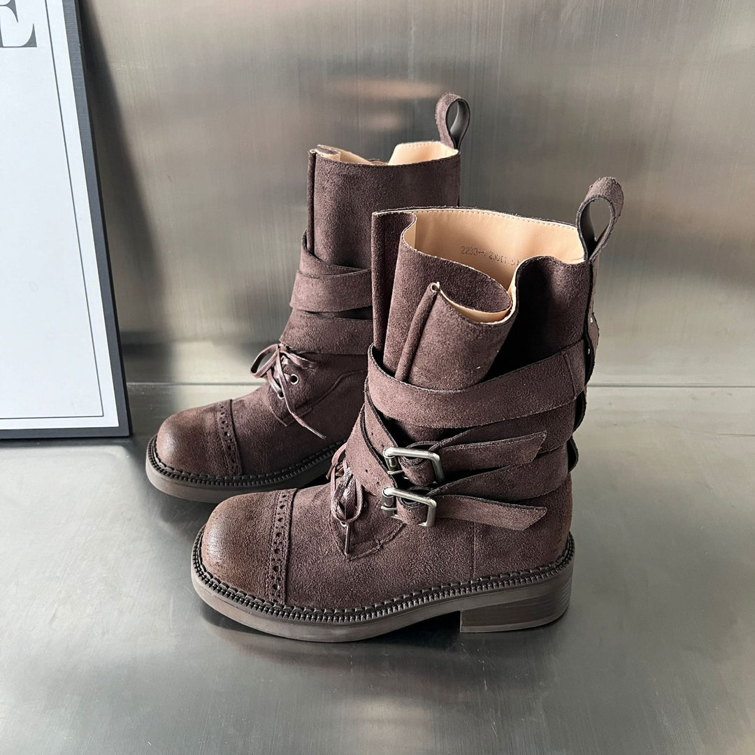 Damen elegante Stiefel mit modischen Schnallen und verstellbaren Riemen EB