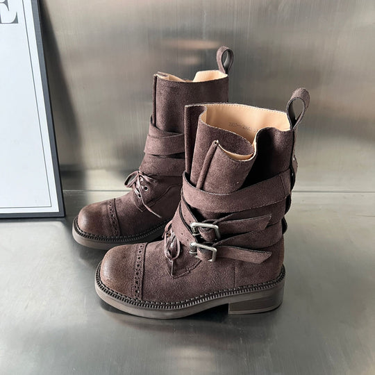 Damen elegante Stiefel mit modischen Schnallen und verstellbaren Riemen EB