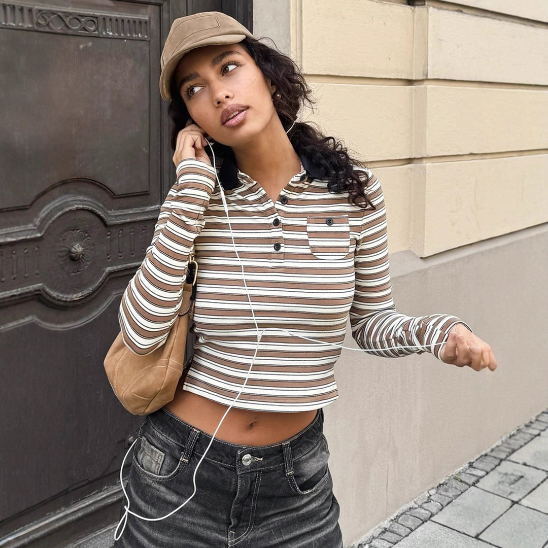 Damen nan gestreiftes Polo-Crop-Longsleeve mit kontrastkragen und Brusttasche EB