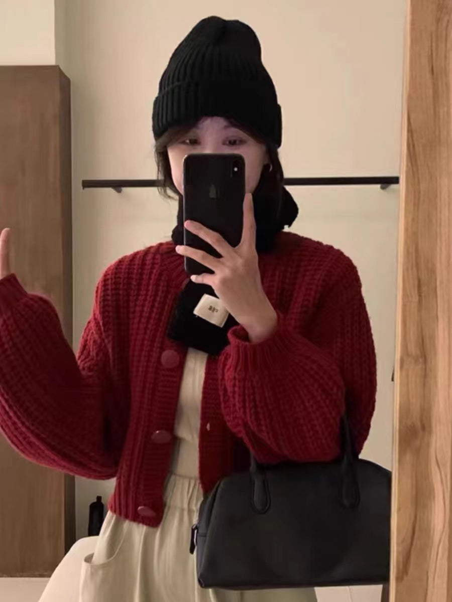 Damen Grobstrickcardigan mit voluminösen Ärmeln und großen Knöpfen EB