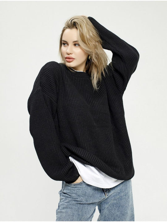Damen Grob gestrickter Komfortpullover mit Rundhalsausschnitt EB