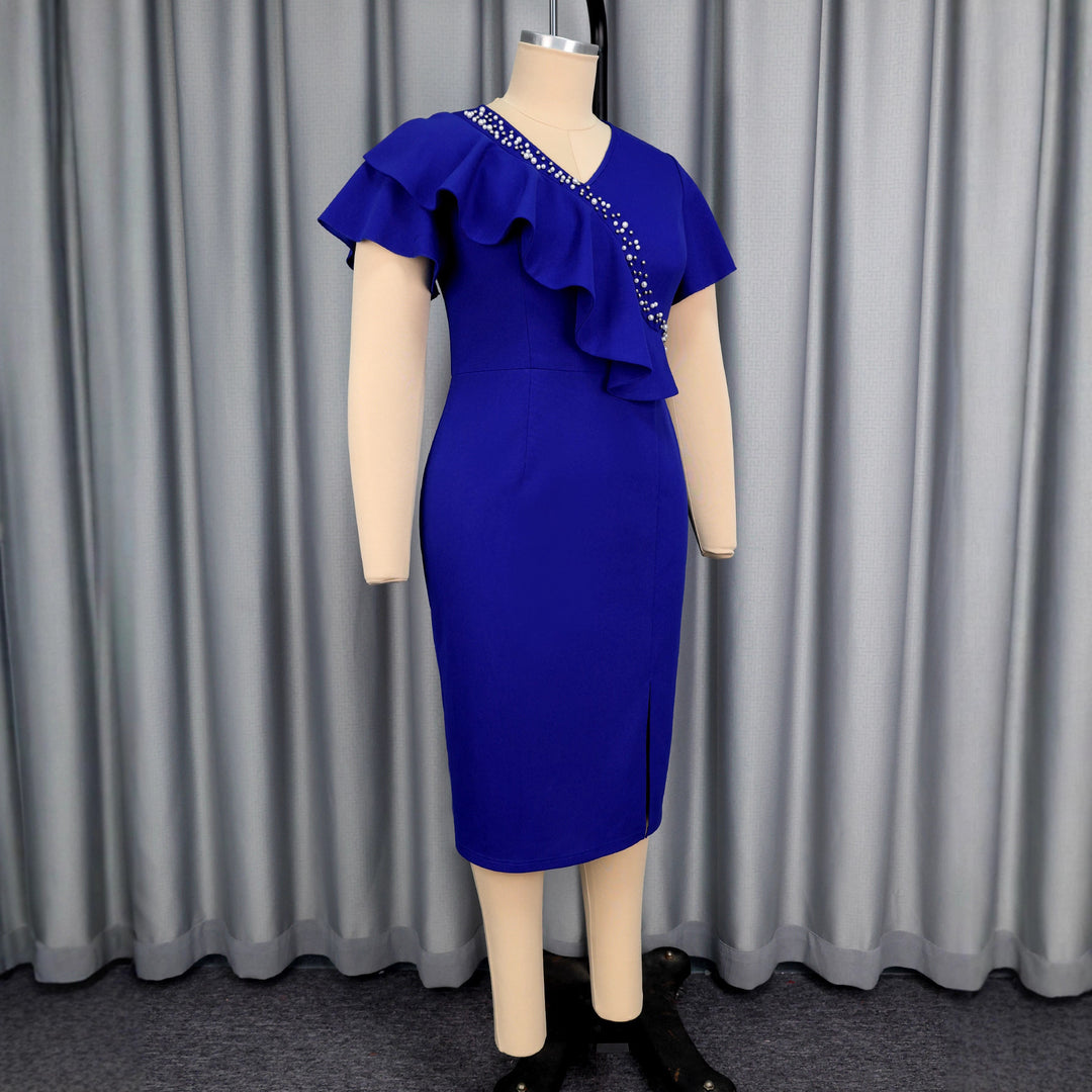Damen elegantes, figurbetontes Kleid mit Rüschendetails und funkelndem Akzent EB