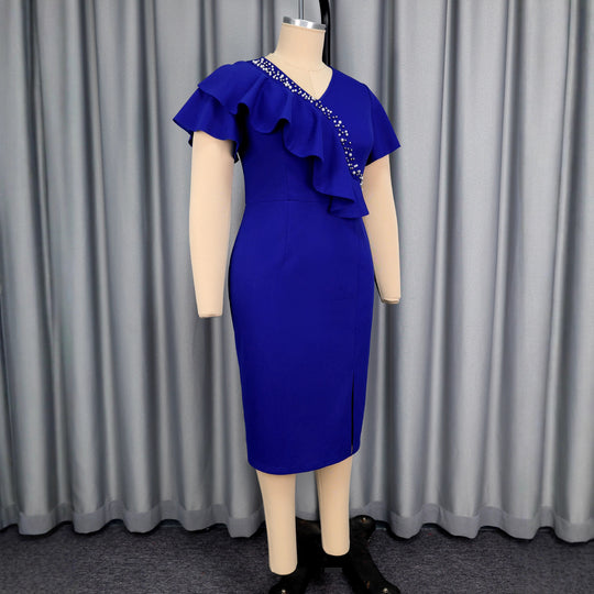Damen elegantes, figurbetontes Kleid mit Rüschendetails und funkelndem Akzent EB