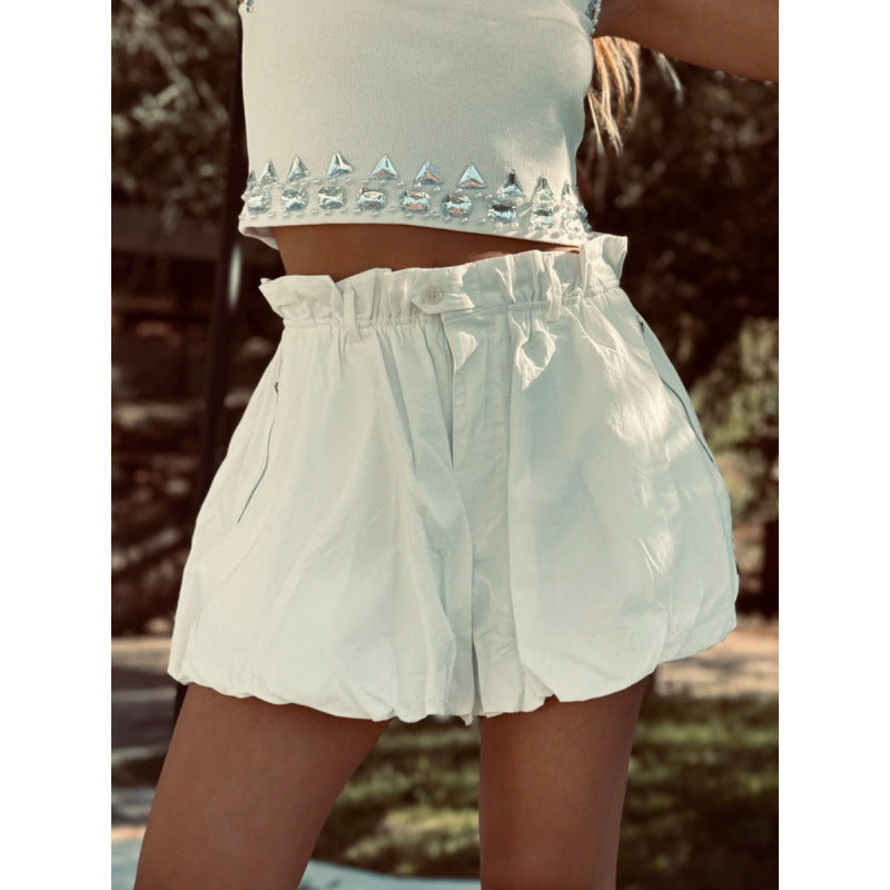 Damen modische Shorts mit elastischem Bund und dekorativem Rüschensaum EB