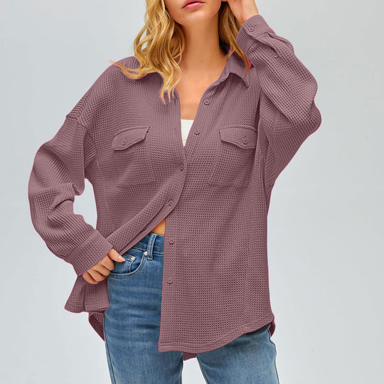 Damen nan oversized Waffelstrick Hemdjacke mit Brusttaschen und Knopfleiste EB