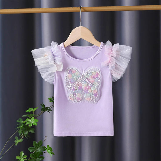 Mädchen T-Shirt mit funkelndem Schmetterlingsmotiv und Rüschendetails EB