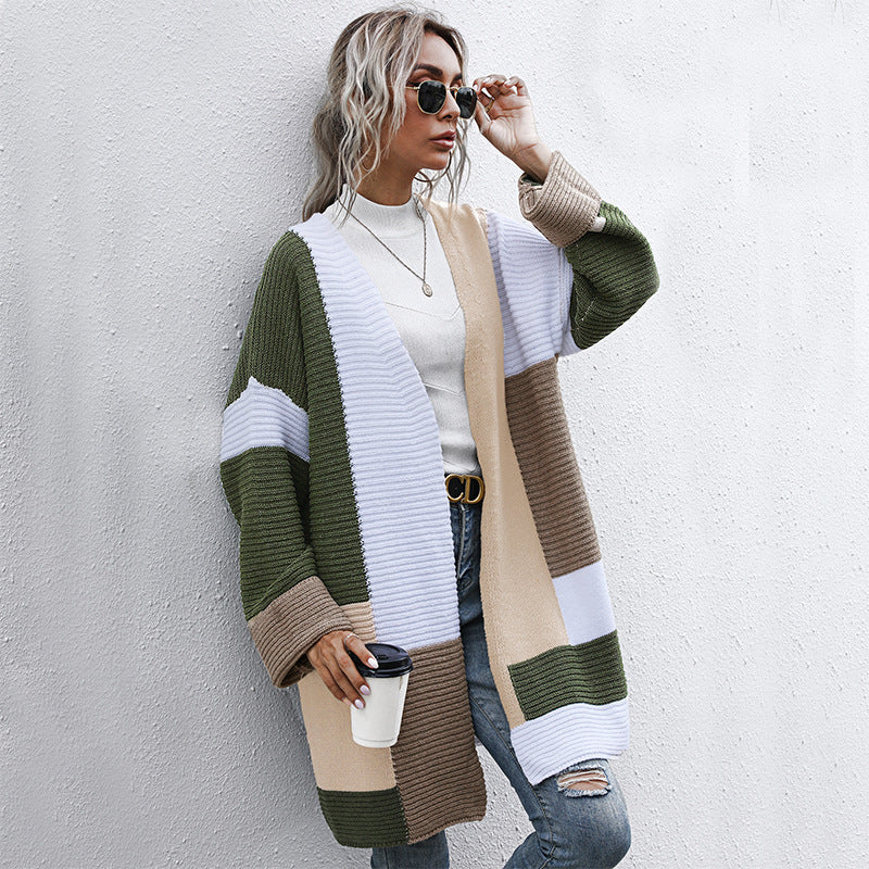 Damen modische Cardigan mit blockfarbigen Mustern und lässigem Schnitt EB