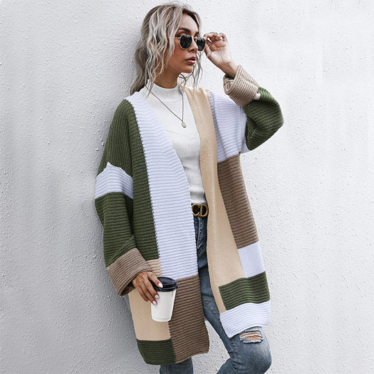 Damen modische Cardigan mit blockfarbigen Mustern und lässigem Schnitt EB