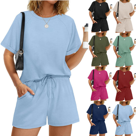 Damen lässiger Kombi aus T-Shirt und Shorts mit elastischem Bund EB
