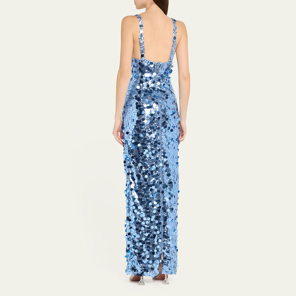 Damen Pailletten Maxikleid mit V-Ausschnitt und schmaler Silhouette EB