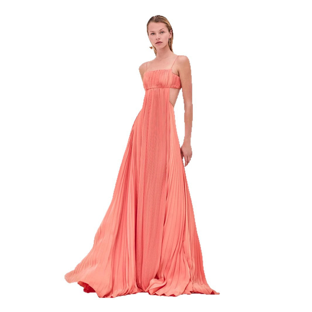 Damen Maxi-Kleid mit eleganter Plisseedetails und schmalen Spaghettiträgern EB