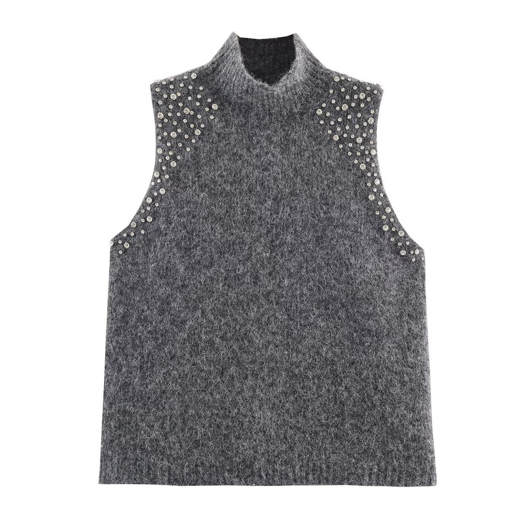 Damen ärmelloses Strickoberteil mit eleganten Perlenverzierungen EB