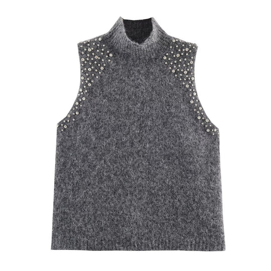Damen ärmelloses Strickoberteil mit eleganten Perlenverzierungen EB