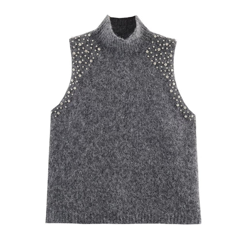 Damen ärmelloses Strickoberteil mit eleganten Perlenverzierungen EB