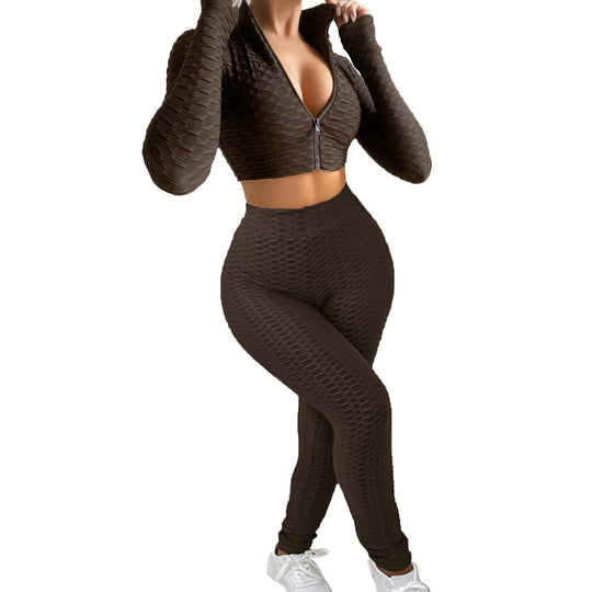 Damen Sportliches Zwei-Teiliges Set mit hochgeschlossenem Reißverschluss und strukturierter Oberfläche EB