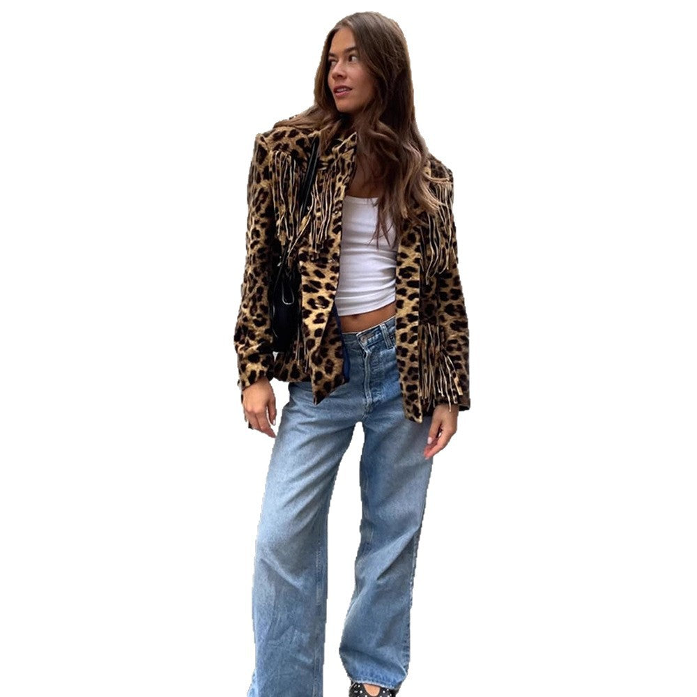 Damen Leoparden-Wildlederjacke mit Fransen und modischem Schnitt EB