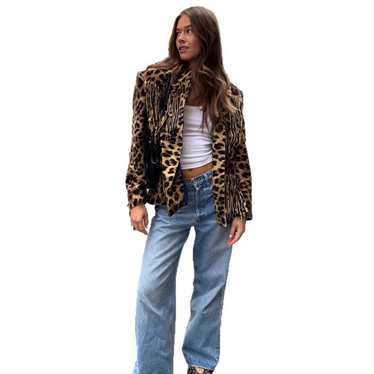 Damen Leoparden-Wildlederjacke mit Fransen und modischem Schnitt EB