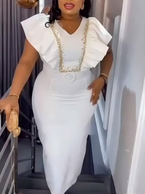 Damen Elegantes Maxikleid mit dekorativen Rüschen und schimmerndem Gürtel EB