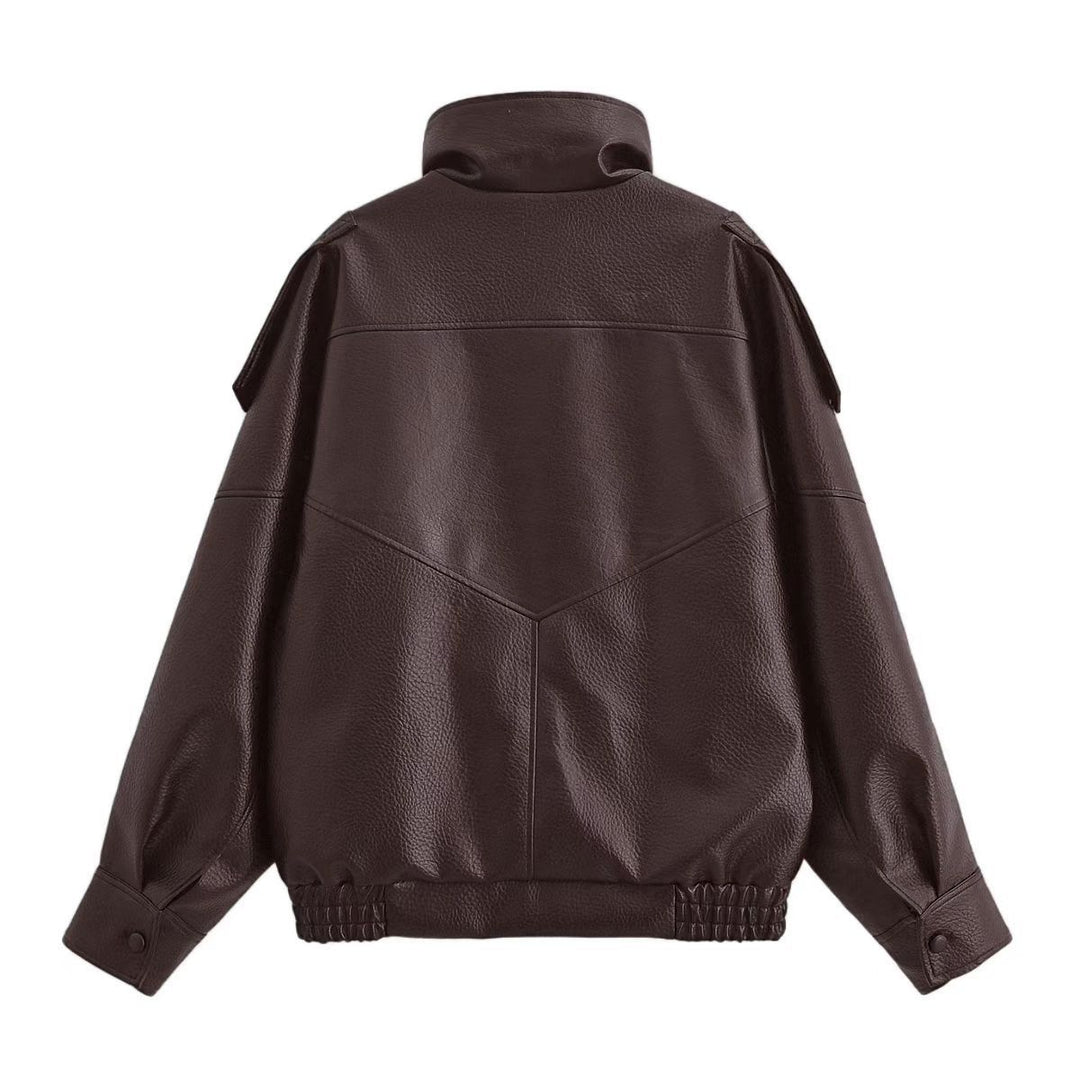 Damen nan Oversize Kunstleder-Bomberjacke mit hohem Stehkragen, Druckknopfblende und smockbündchen EB