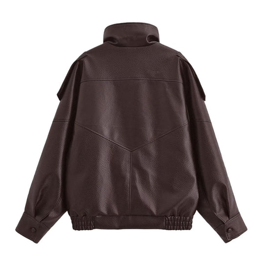 Damen nan Oversize Kunstleder-Bomberjacke mit hohem Stehkragen, Druckknopfblende und smockbündchen EB