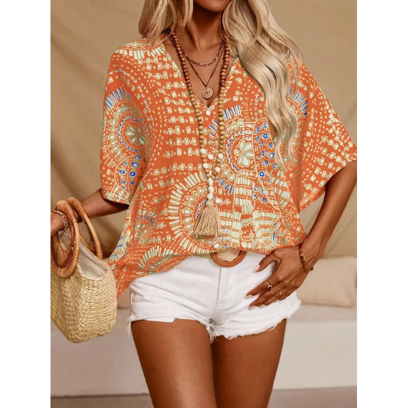 Damen Strandbluse im lässigen Boho-Stil mit bunten Mustern und voluminösen Ärmeln EB