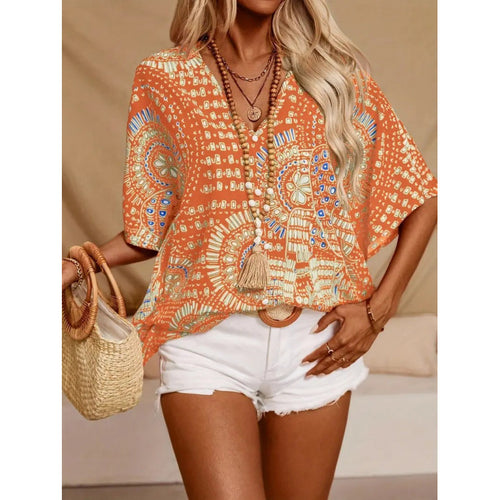 Damen Strandbluse im lässigen Boho-Stil mit bunten Mustern und voluminösen Ärmeln EB