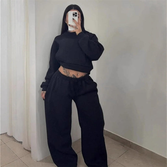 Damen Cropped-Sweatshirt mit hohem Rundhalsausschnitt und elastischer Tunnelzug Wide-Leg Jogginghose Set Eichborn Berlin