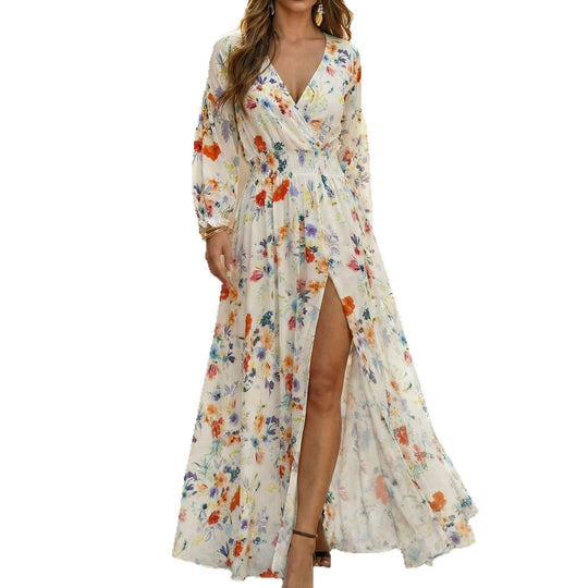 Damen nan fließendes Maxikleid mit Wickeloberteil, geraffter Smoktaillenpartie und hoher Beinschlitz EB