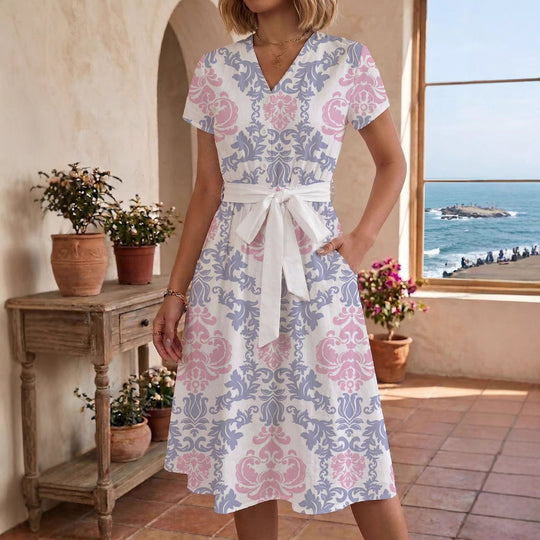Damen Sommerliches Kleid mit taillierbarem Bindegürtel und floralem Muster EB
