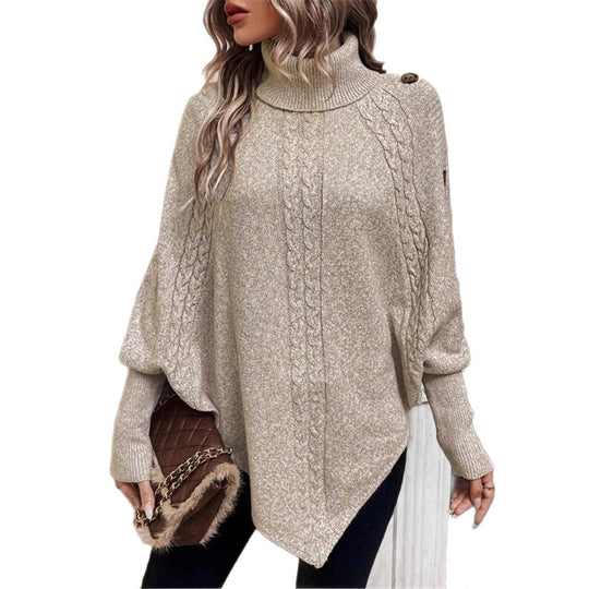 Damen Grobstrick Pullover mit modernem Stehkragen und verspielten Knopfdetails EB