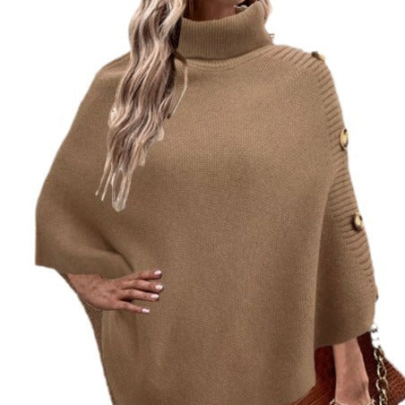 Damen Strick-Poncho mit hohem Kragen und Knopfdetails EB