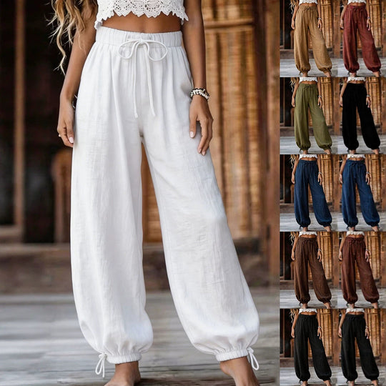 Damen Leichte Leinenhose mit weitem Bein und elastischem Bund EB