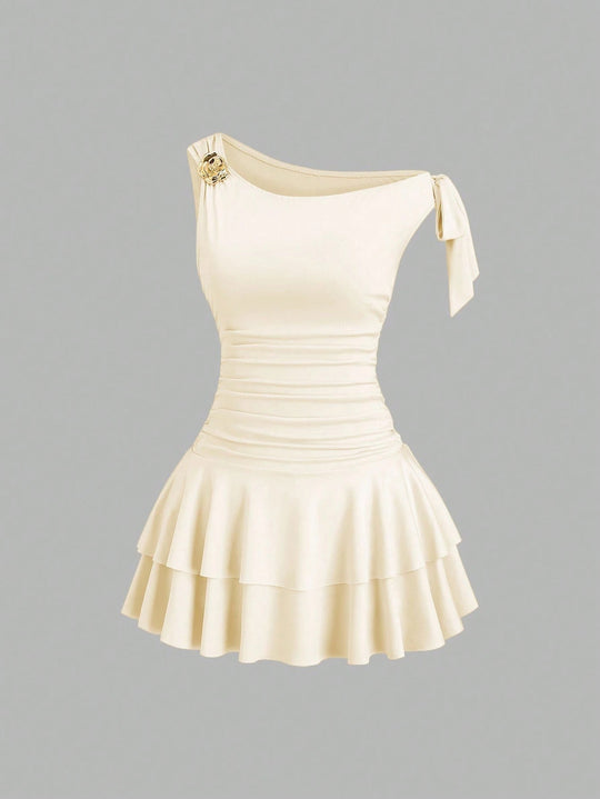 Damen elegantes Wickelkleid mit asymmetrischem Saum und raffiniertem Kordelzug EB