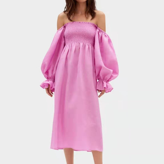 Damen Maxikleid mit Puffärmeln und elastischem Taillenbund EB
