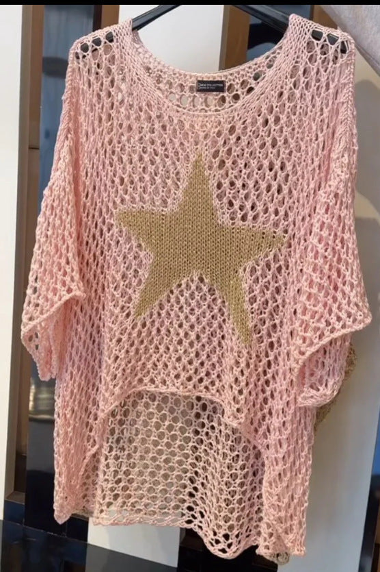 Damen nan oversized gehäkelter Pullover mit Sternapplikation und 3/4-Ärmeln EB