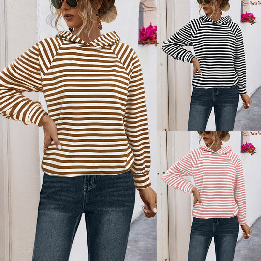 Damen gestreifter Kapuzensweater mit lässigem Schnitt und Raglanärmeln EB