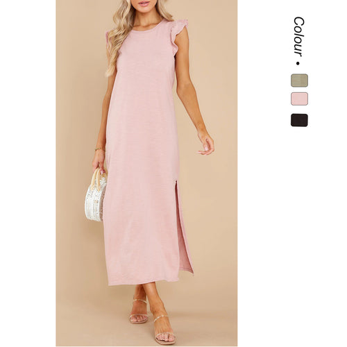 Damen Langarm Maxikleid mit verspielten Rüschendetails und lockerem Schnitt EB