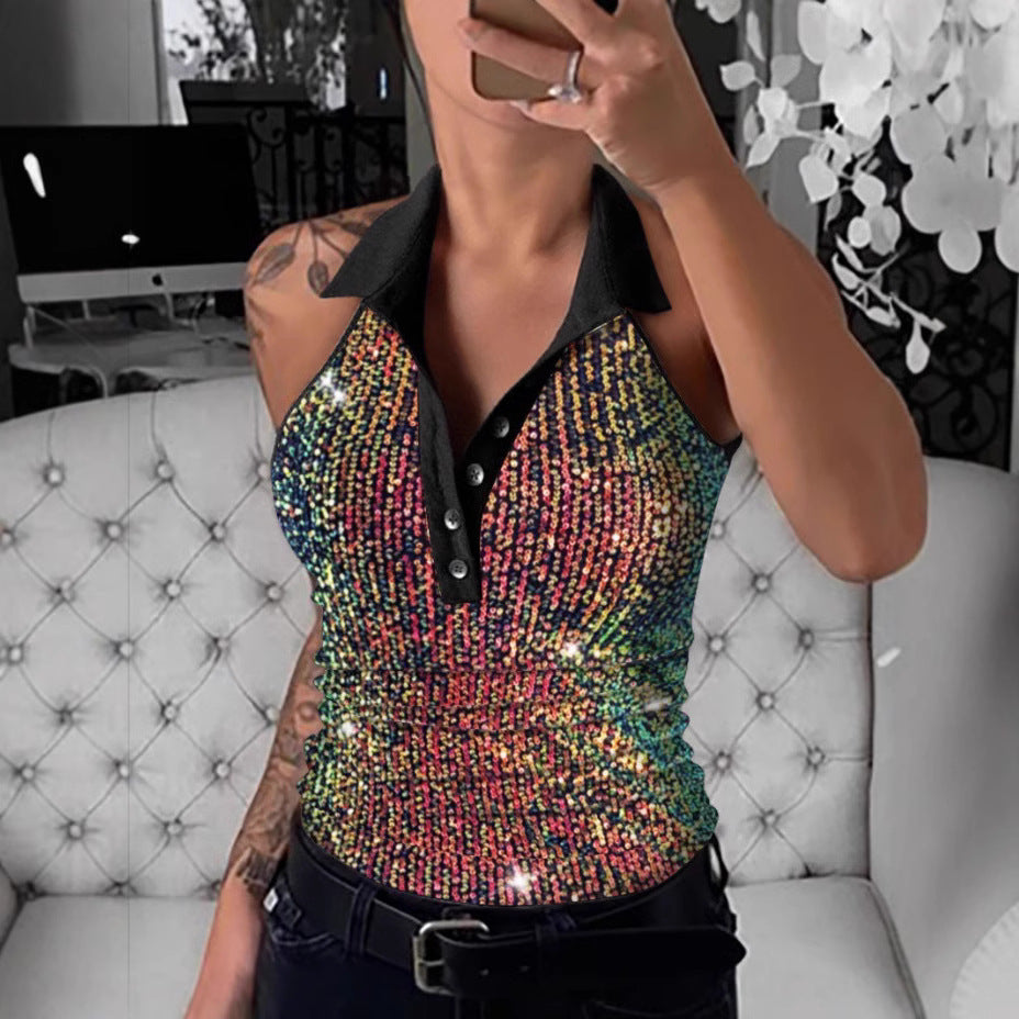 Damen Poloshirt mit funkelnden Pailletten und auffälligem Leopardenmuster EB