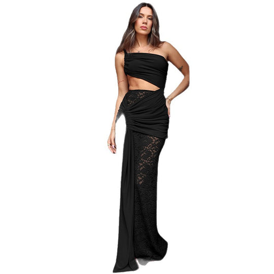 Damen Abendkleid mit asymmetrischem Schnitt und transparenter Spitzenapplikation EB