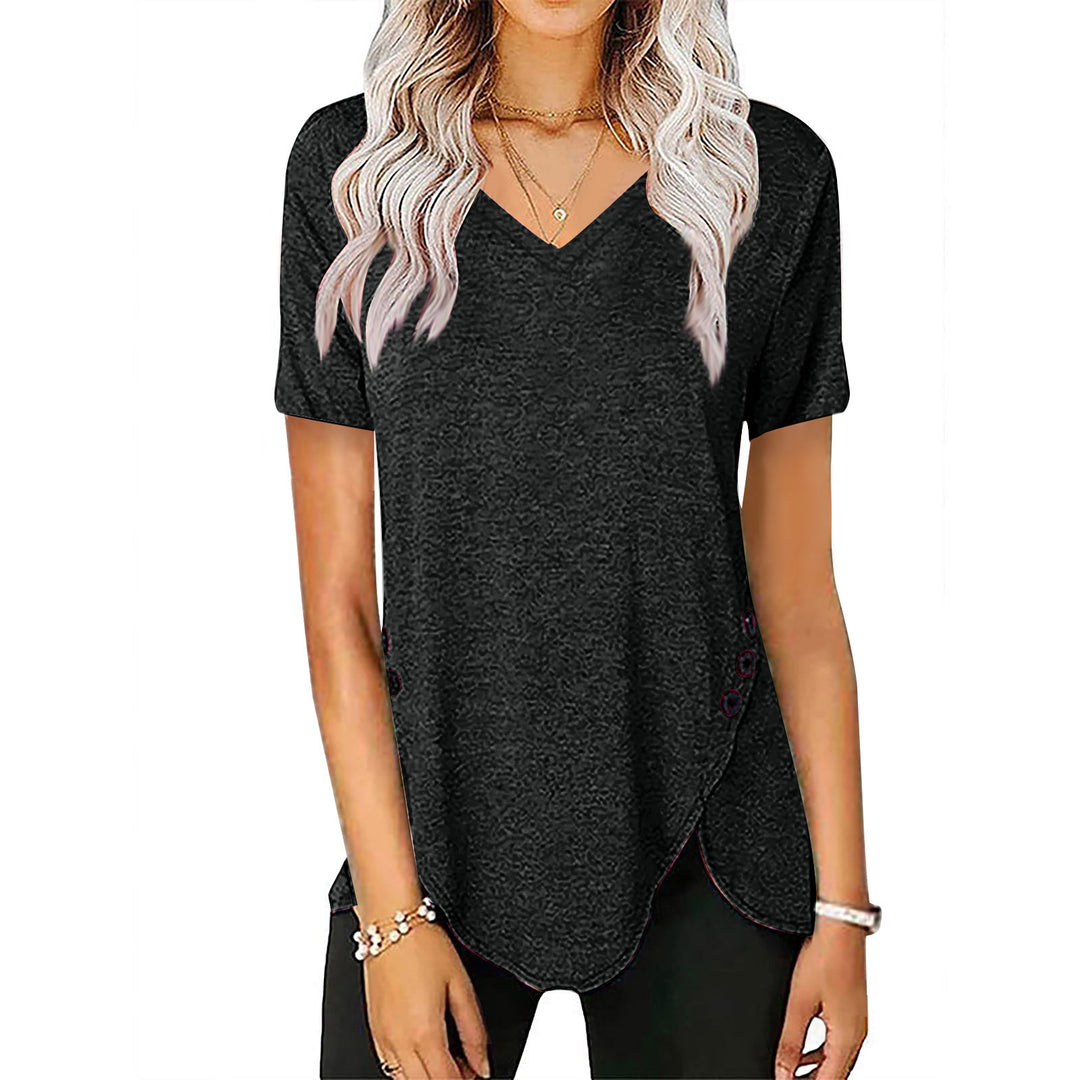 Damen lässiges V-Ausschnitt T-Shirt mit asymmetrischem Saum und dekorativen Knopfdetails EB