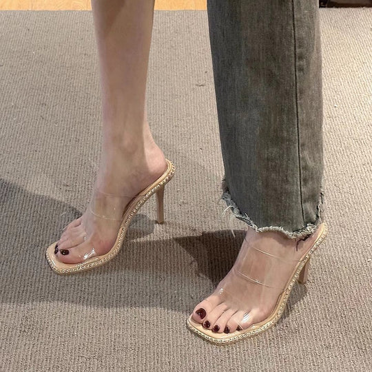 Damen elegante transparente Mules mit glitzerndem Riemen EB