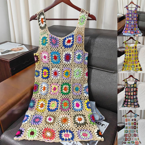 Damen luftiges Häkelkleid mit buntem Granny-Quadrat-Muster EB