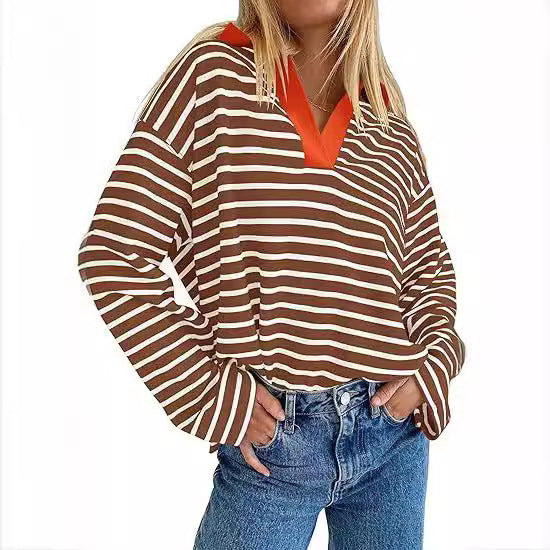 Damen Lässiges gestreiftes Sweatshirt mit V-Ausschnitt und langen Ärmeln EB