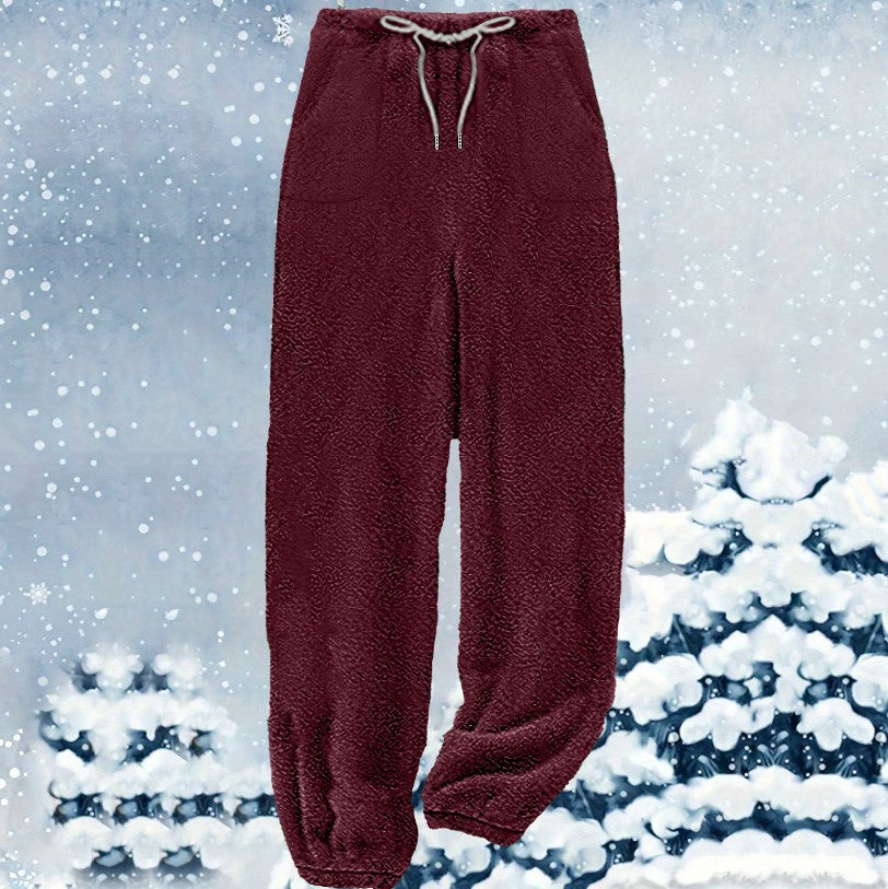 Damen nan kuschelige Sherpa-Fleece Loungehose mit Kordelzug, hoher Taille und elastischen Bündchen EB