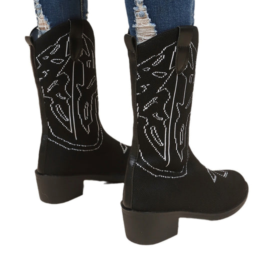Damen Cowboy-Stiefel mit kunstvollem Stickdesign und robustem Absatz EB