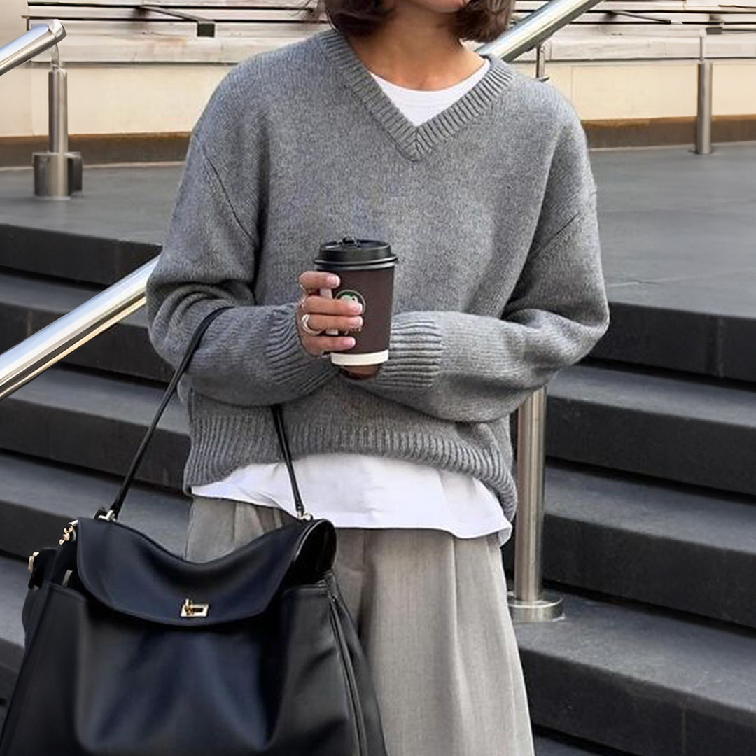 Damen nan oversized V-Ausschnitt Feinstrickpullover mit überschnittener Schulter, langen Kimonärmeln und breitem Rippbund EB