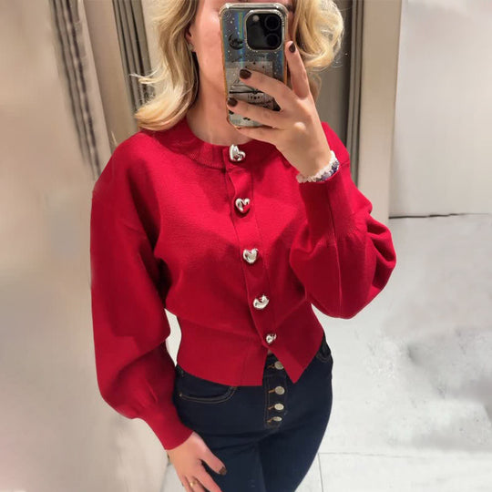 Damen Pullover mit Herzknöpfen und Puffärmeln EB
